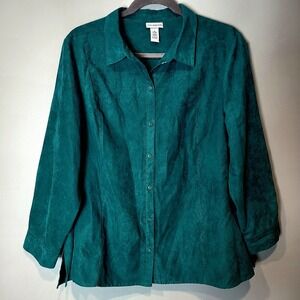 Catherines Faux Suede Button Up‎ Shirt Size 3X Green Collared St Patrick's Day